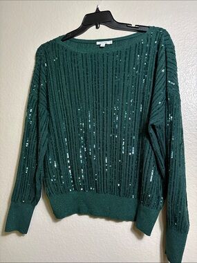 Chico's Teal Green Ribbed Sequin Scoop Neck Sweater